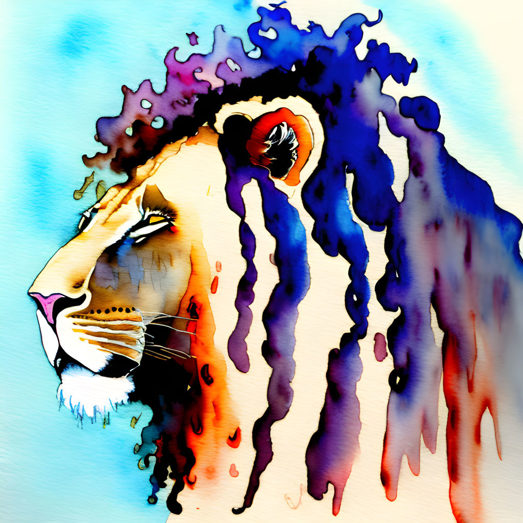 Colorful Watercolor Painting of Lion with Flowing Mane