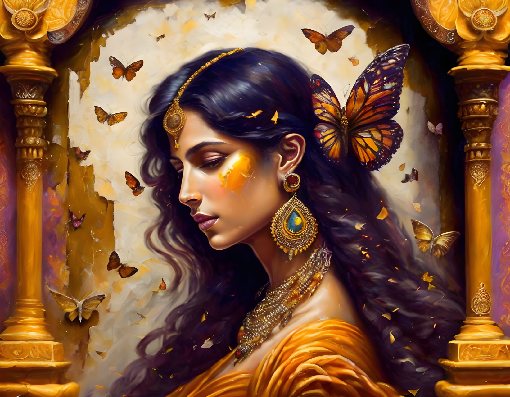 Dark-haired woman in gold jewelry and mustard garment with butterflies on golden backdrop