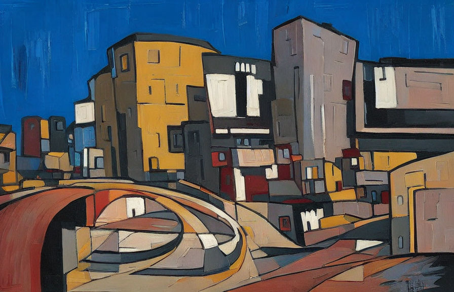 Geometric Urban Landscape in Yellow, Brown, and White Against Blue Sky