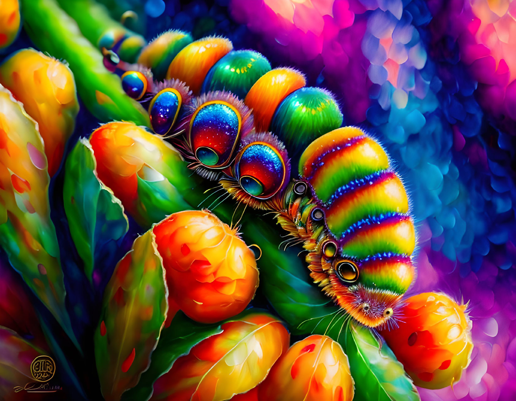 Colorful Caterpillar Digital Painting on Leaf with Bokeh Background