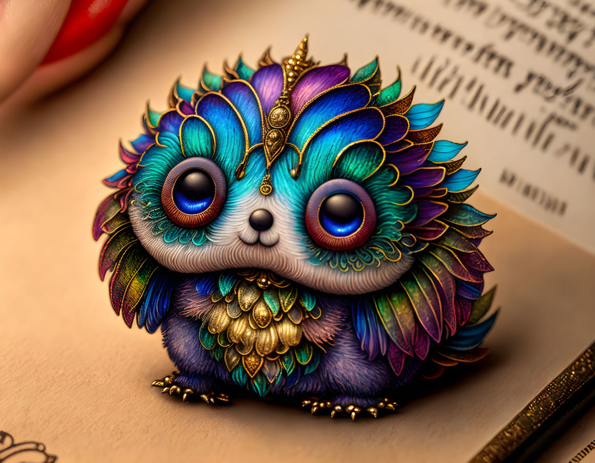 Colorful whimsical creature with blue eyes and peacock-like fur on a golden crown book