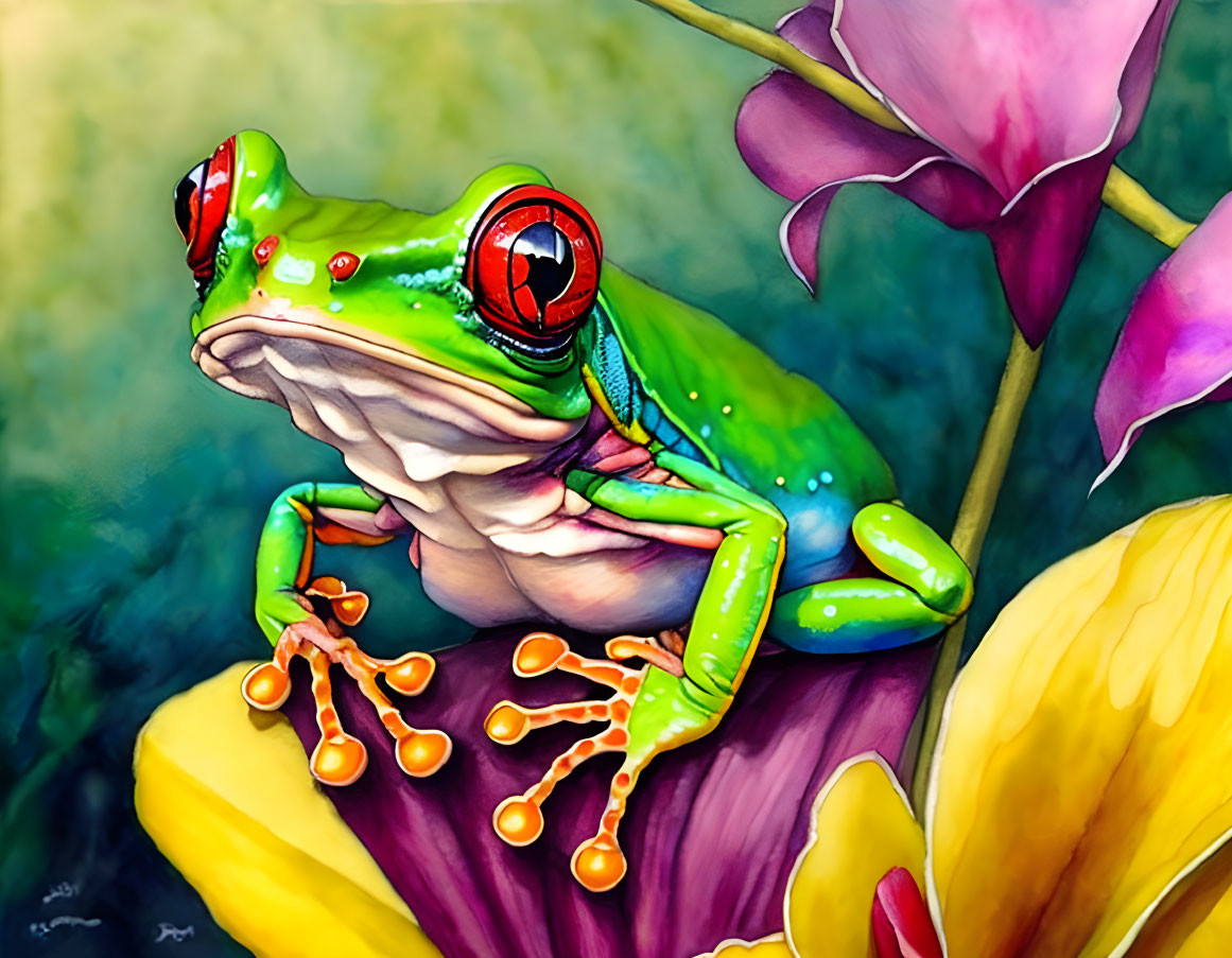 Colorful illustration: Green frog with red-eyed tree frog features on yellow petal, surrounded by purple