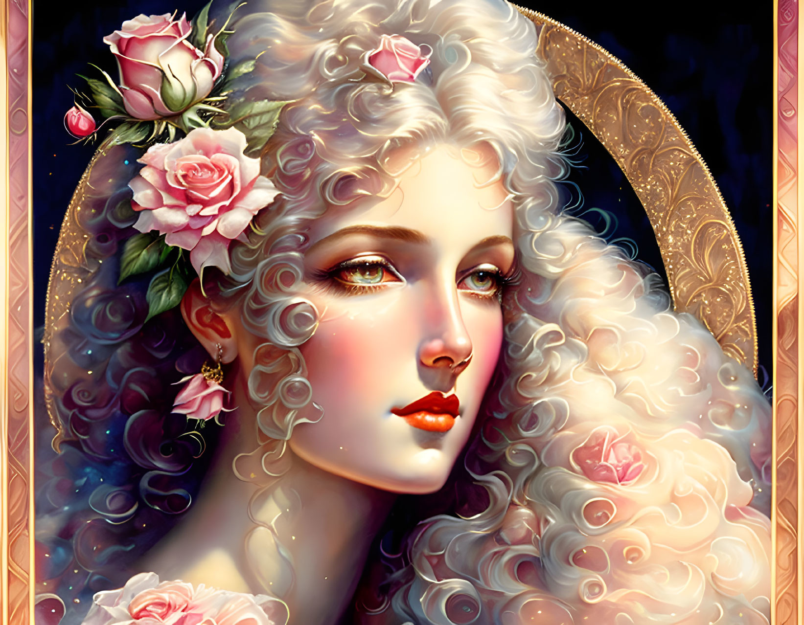 Illustrated portrait of woman with fair skin and curly white hair adorned with pink roses and golden ornamental