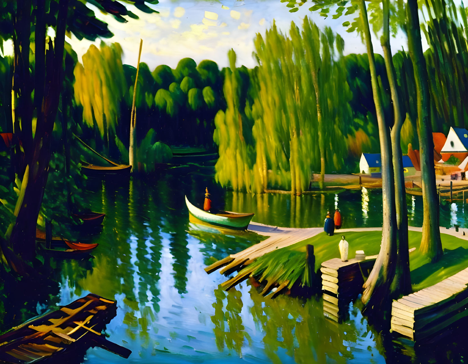 Tranquil riverside painting with boats, green trees, calm waters, clear sky