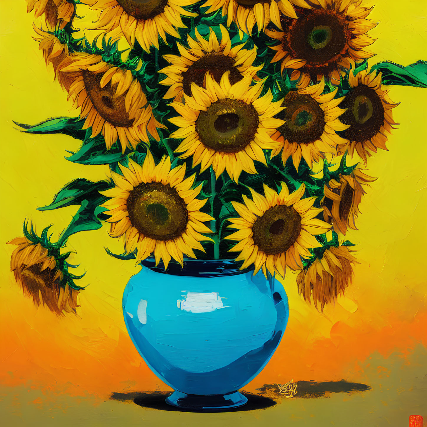 Vibrant sunflowers in blue vase on yellow background with brush strokes