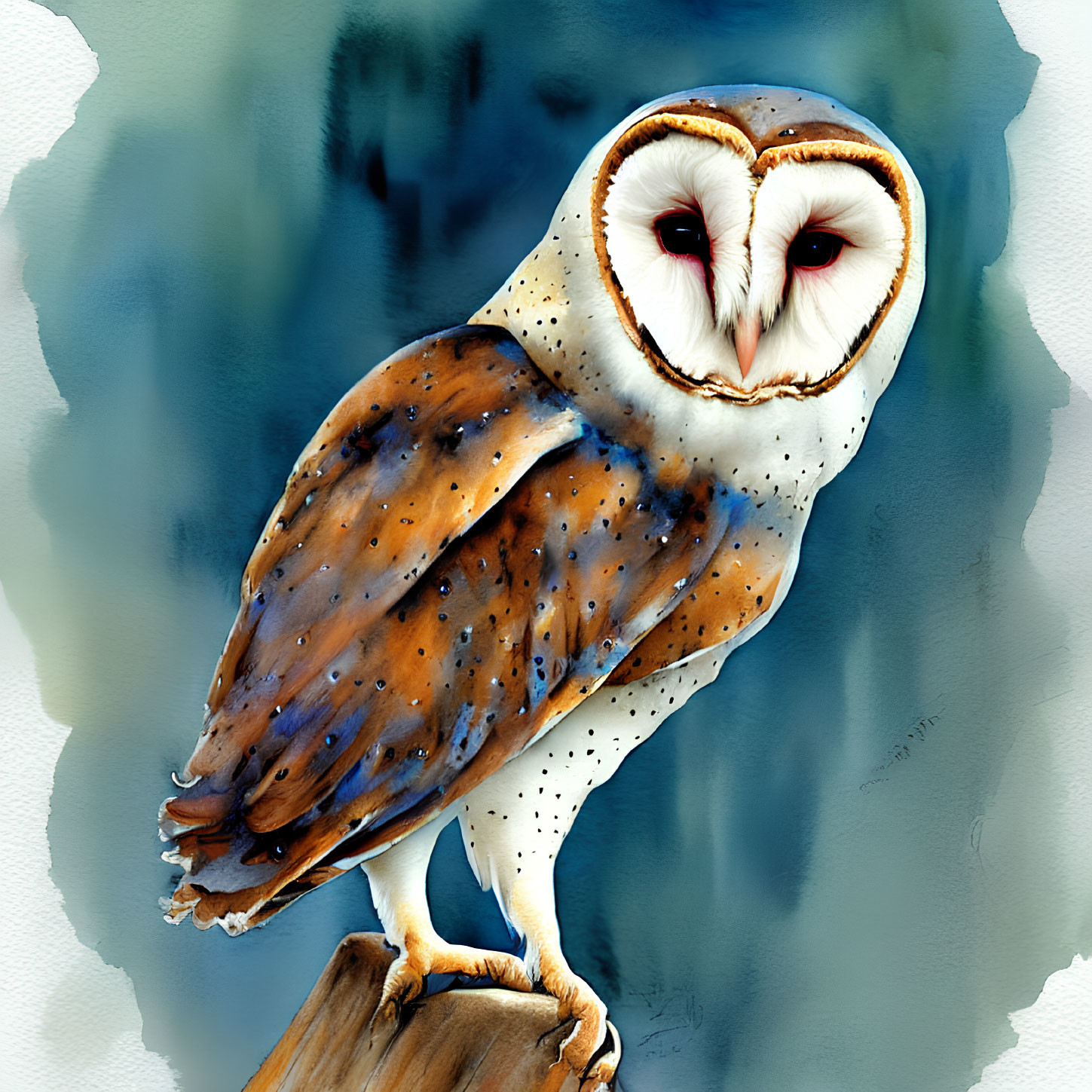 Detailed Illustration of Barn Owl on Stump with Brown and White Feathers against Blue Watercolor Background