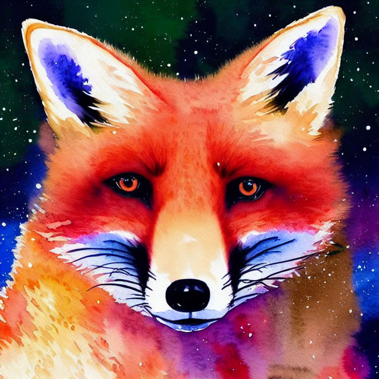 Fox Watercolor Painting: Vibrant Red Fur & Piercing Eyes on Starry Background