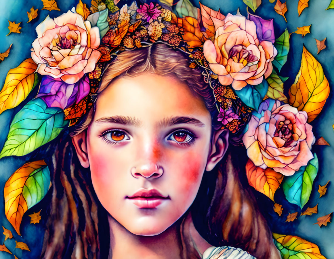 Detailed floral crown girl illustration on blue stained-glass background