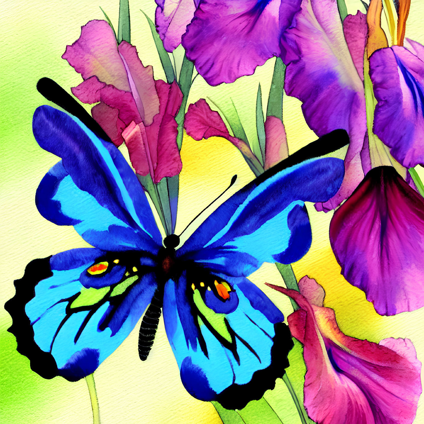 Colorful Watercolor Painting: Blue Butterfly with Yellow and Green Accents among Purple and Pink Irises