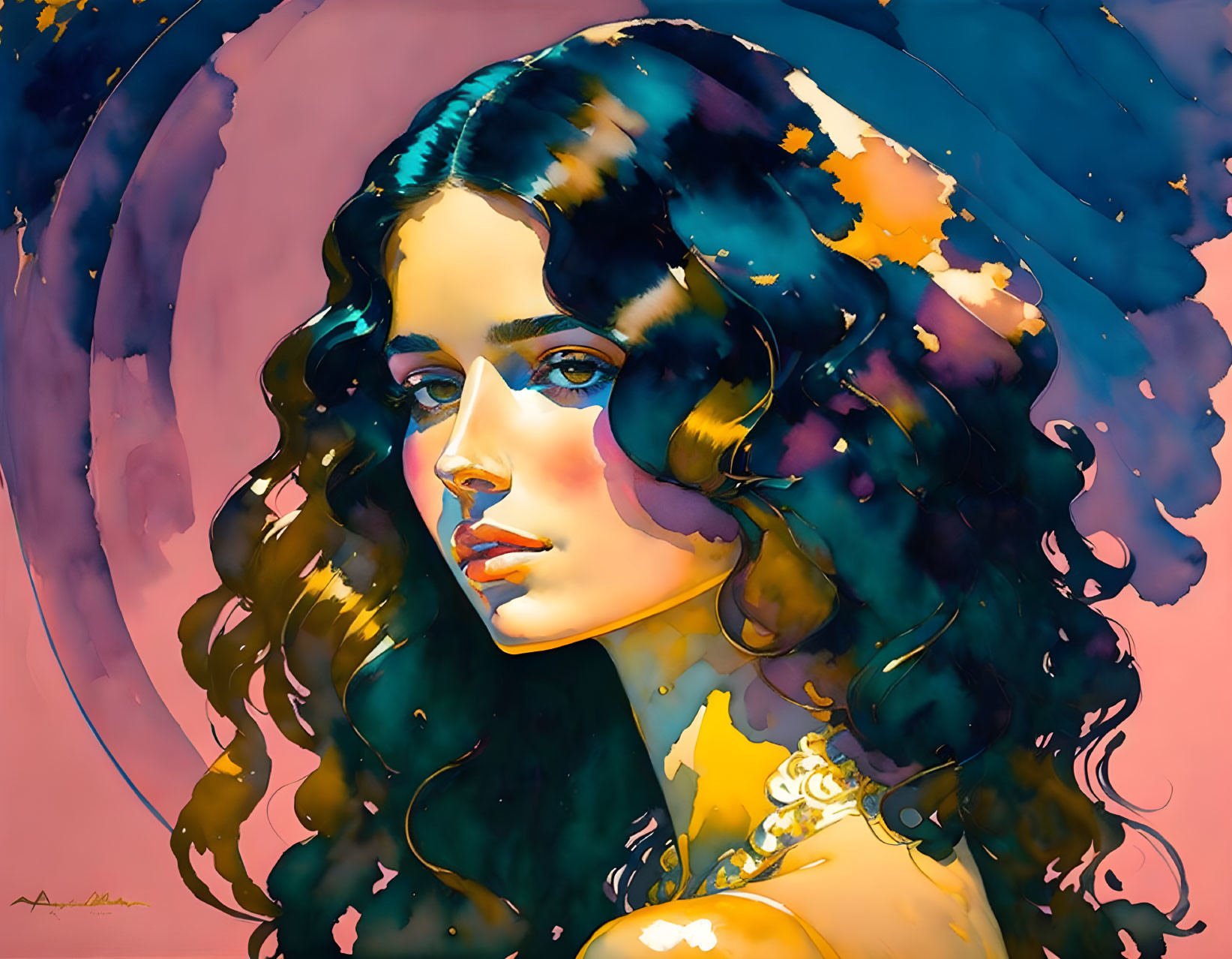 Colorful digital painting of woman with flowing blue and orange hair on pink backdrop