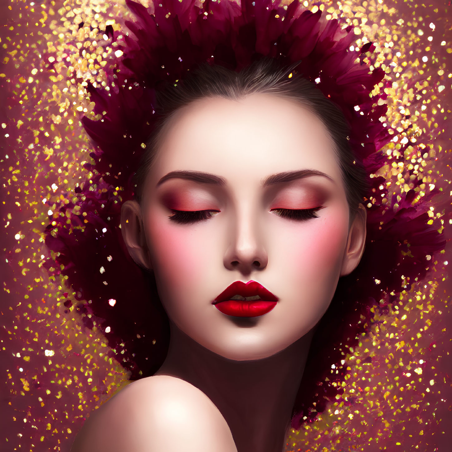 Digital portrait of woman with red lips, rosy cheeks, and burgundy flower crown on golden backdrop