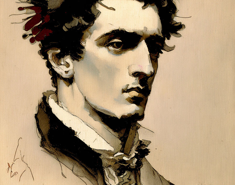 Vintage sketch portrait of young man with tousled hair and high-collared coat