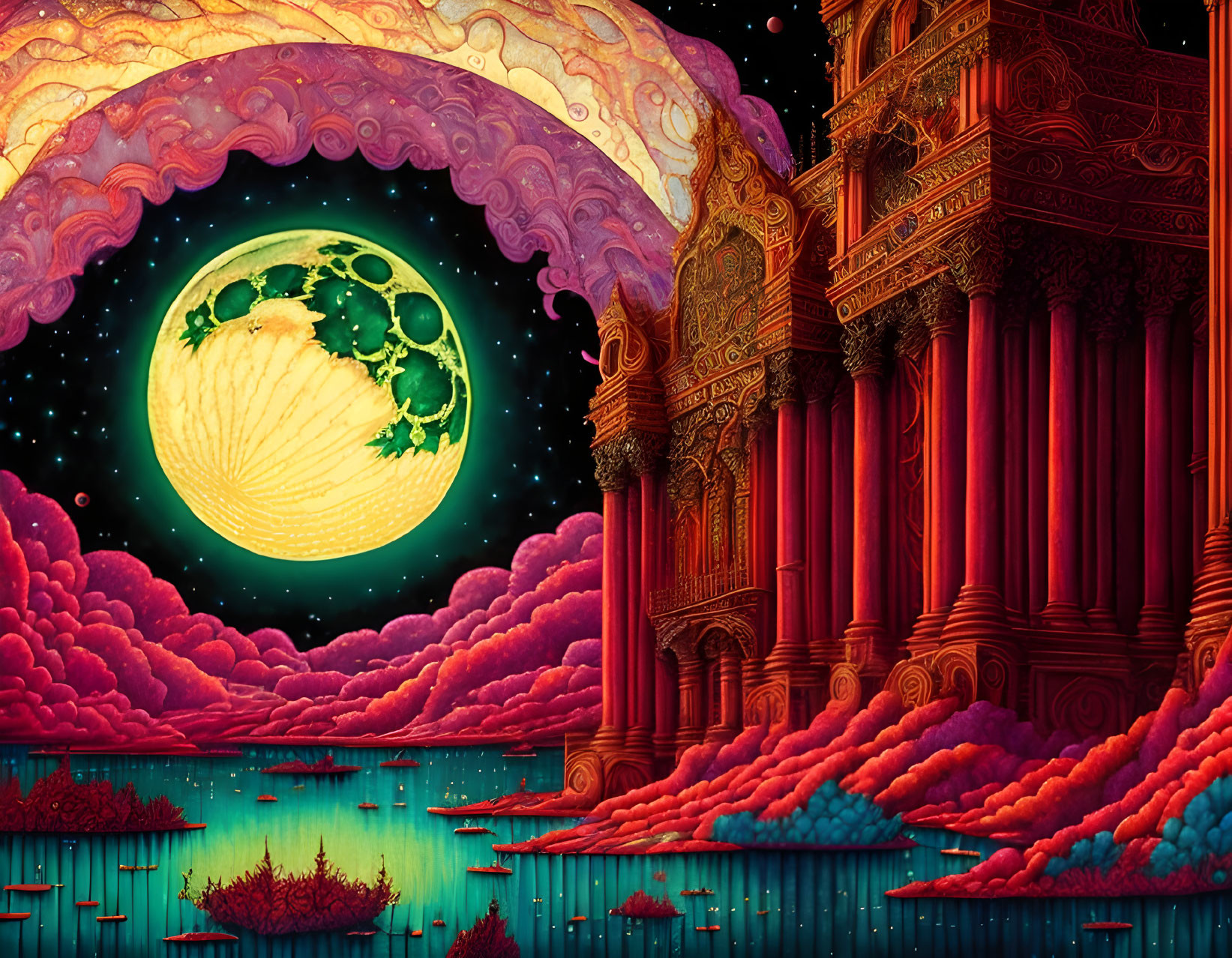 Surreal landscape featuring large glowing moon and ornate red pillars