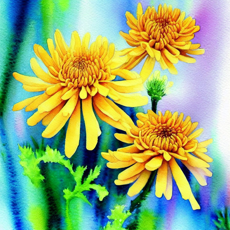 Colorful Watercolor Painting of Three Yellow Gerbera Daisies