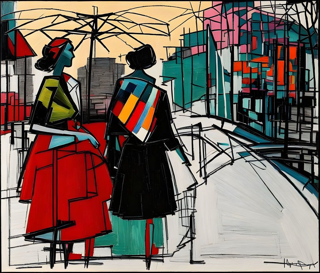 Abstract cityscape with stylized figures and umbrellas on bridge