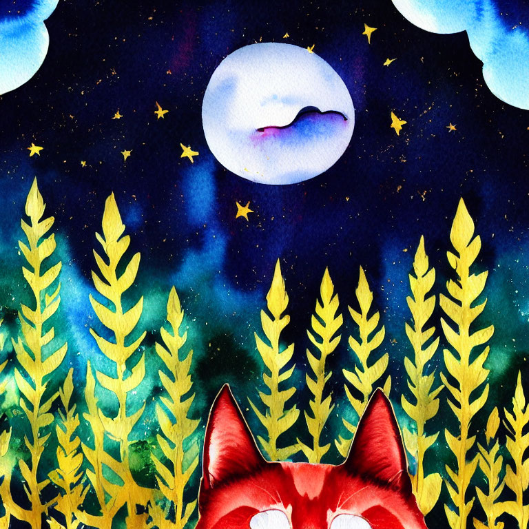 Red cat gazing at night sky with moon and stars in watercolor art