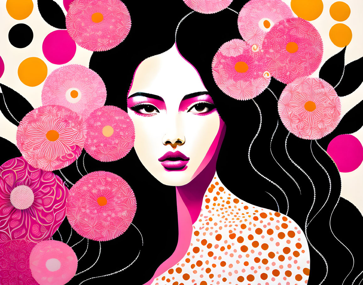 Colorful Stylized Woman with Flowing Hair and Pink Flowers on Black Background