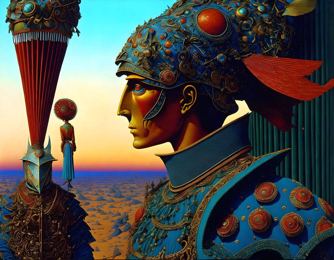 Surreal side profile of warrior in ornate armor in desert landscape