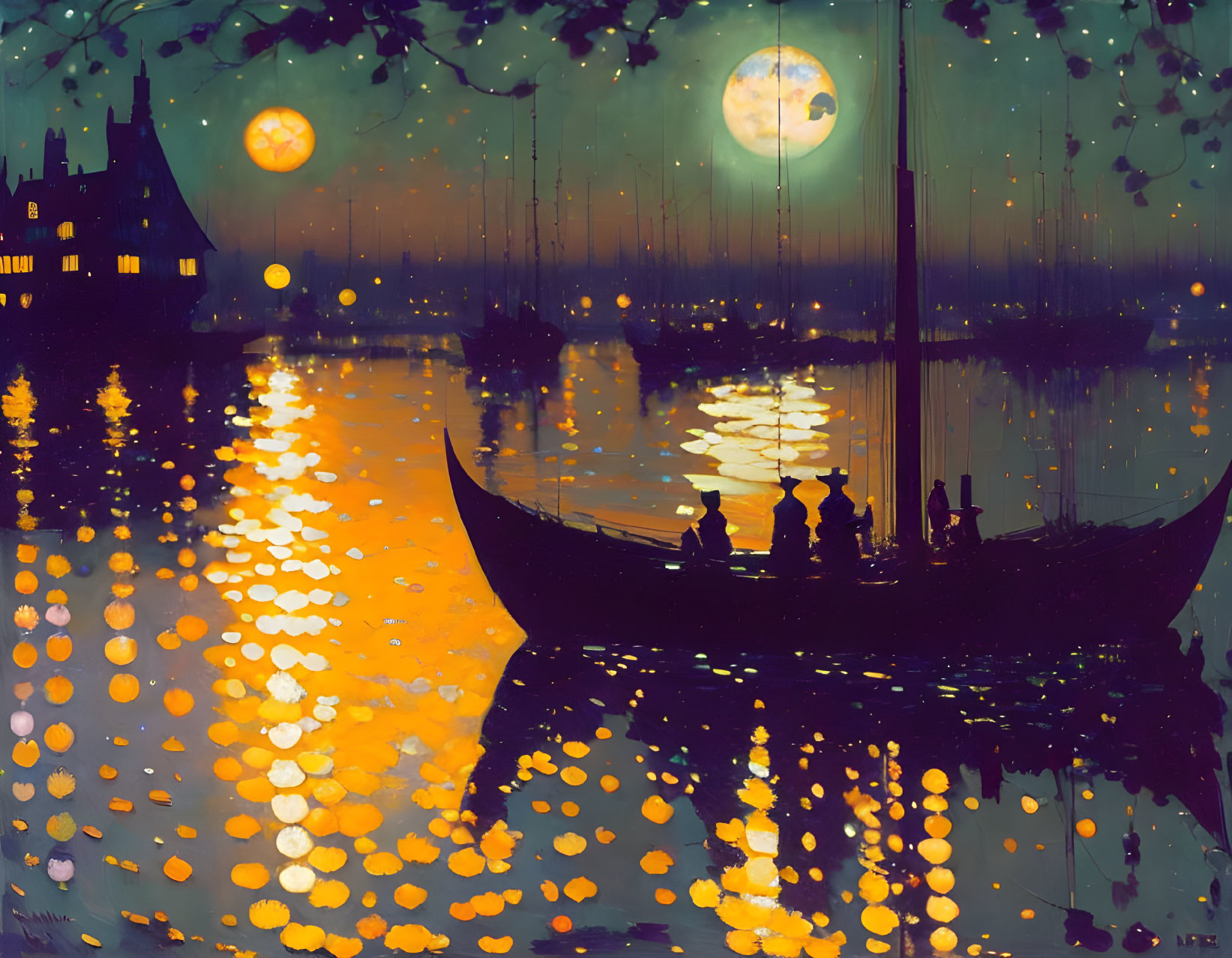 Full Moon Nighttime Scene with Silhouettes in Boat and Twinkling Lights