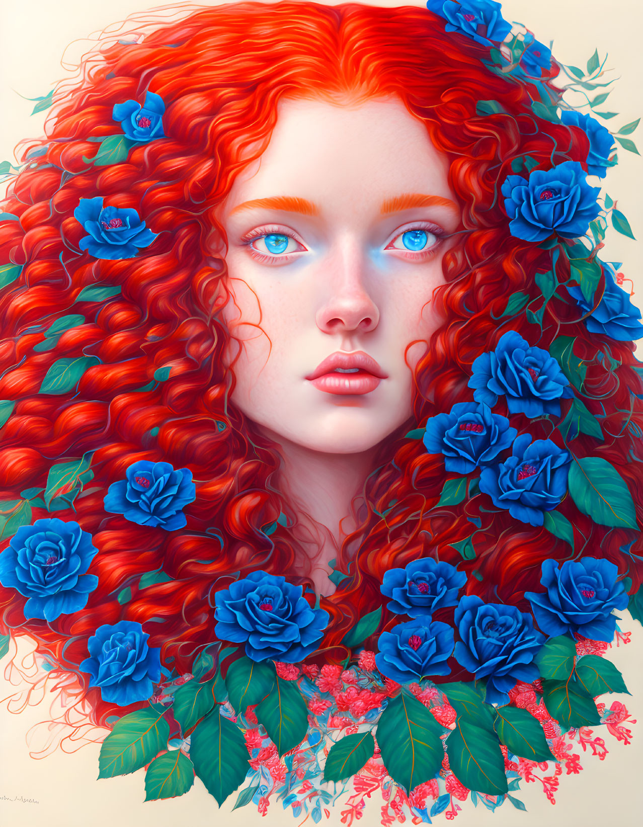 Vibrant red hair intertwined with blue roses and matching blue eyes.