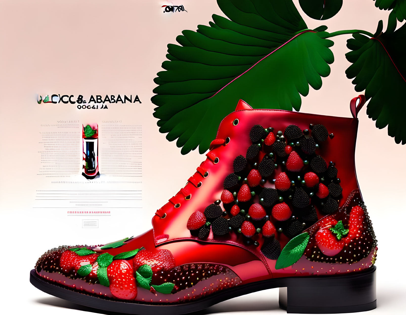 Colorful Red Boot with Berries on Cream Background