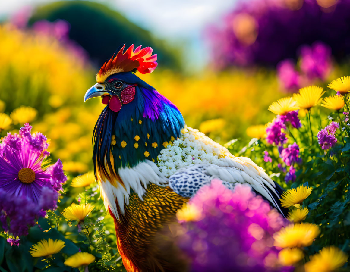 Colorful Rooster Surrounded by Flowers and Greenery