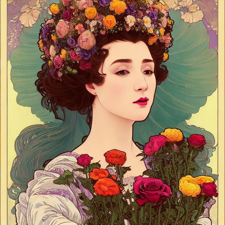 Illustrated portrait of a woman in art nouveau style with floral headdress and bouquet.