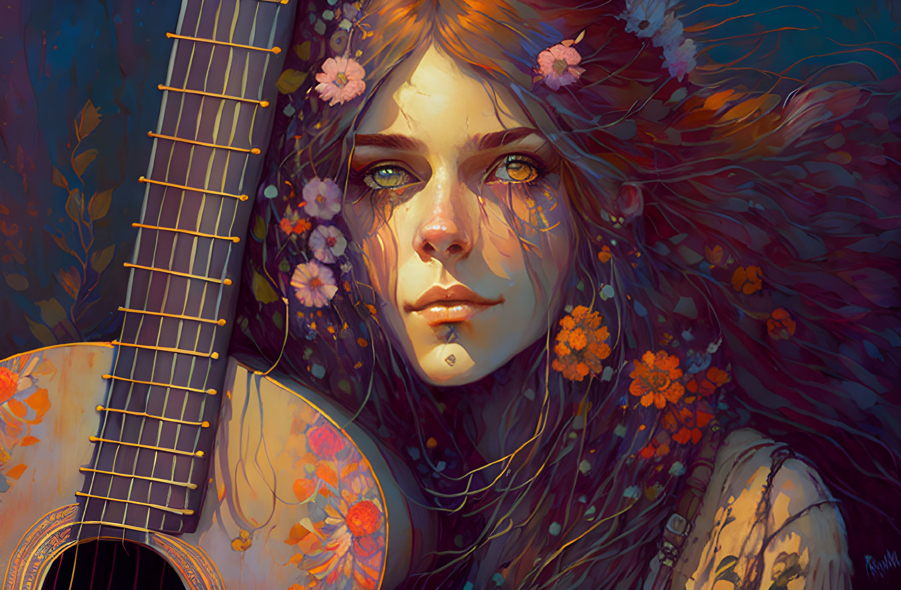 Woman with Flower-Adorned Hair Holding Guitar in Vibrant Illustration