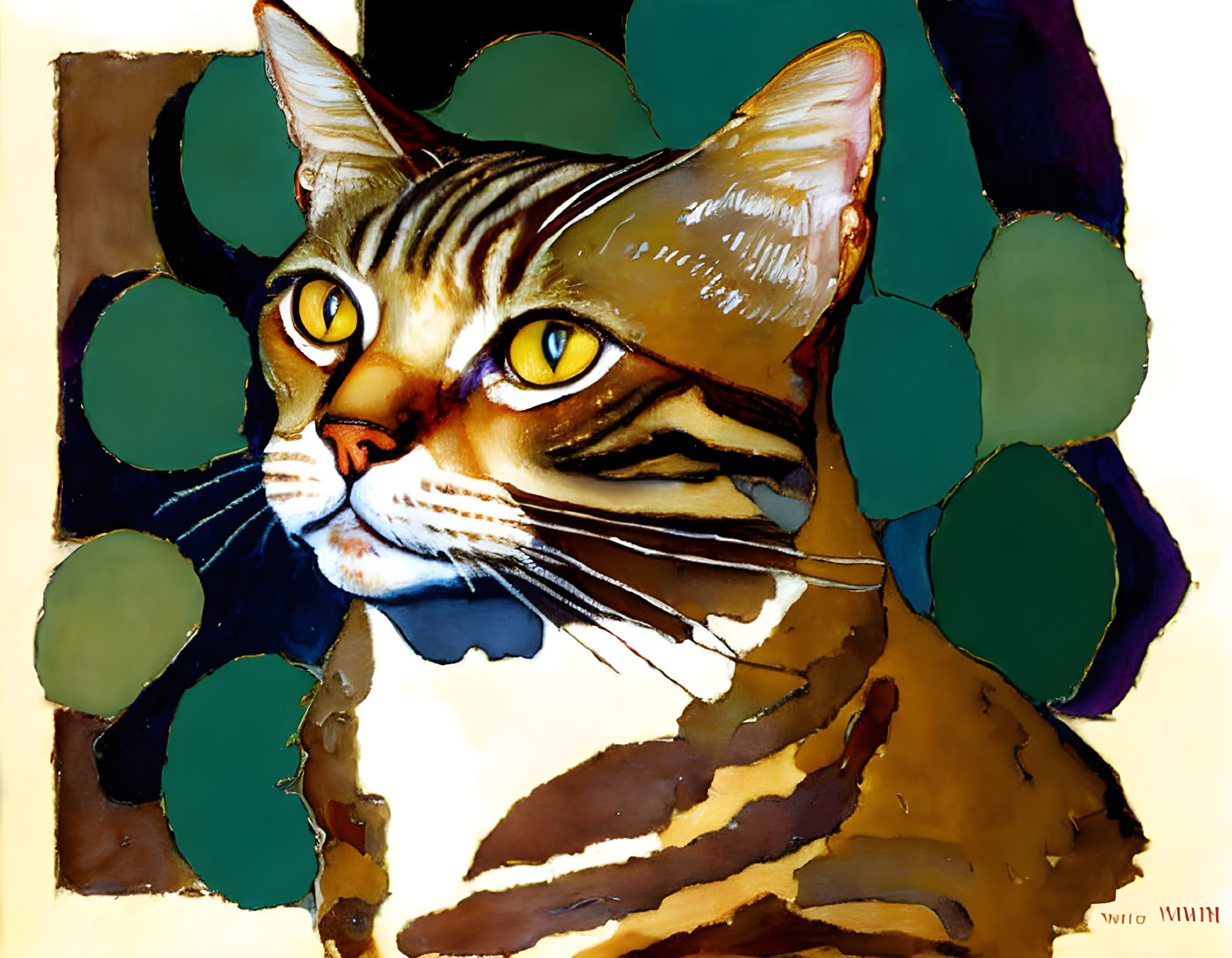 Artistic rendering of a cat with yellow eyes and stripes on abstract green and brown background