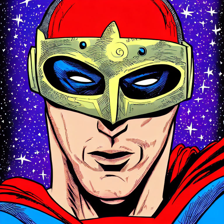 Golden helmet superhero illustration in space background