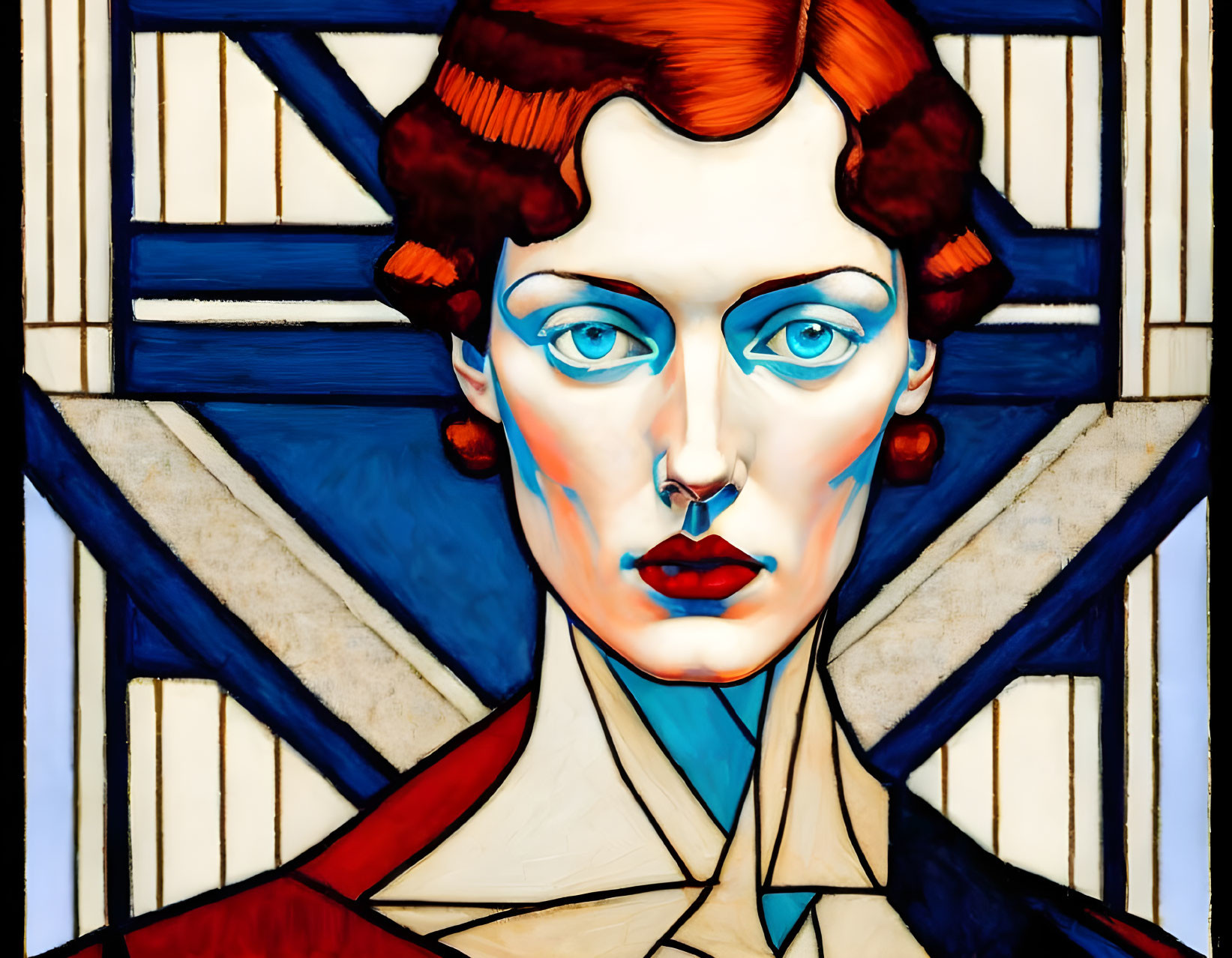 Colorful Stained Glass Artwork of Woman with Red Hair