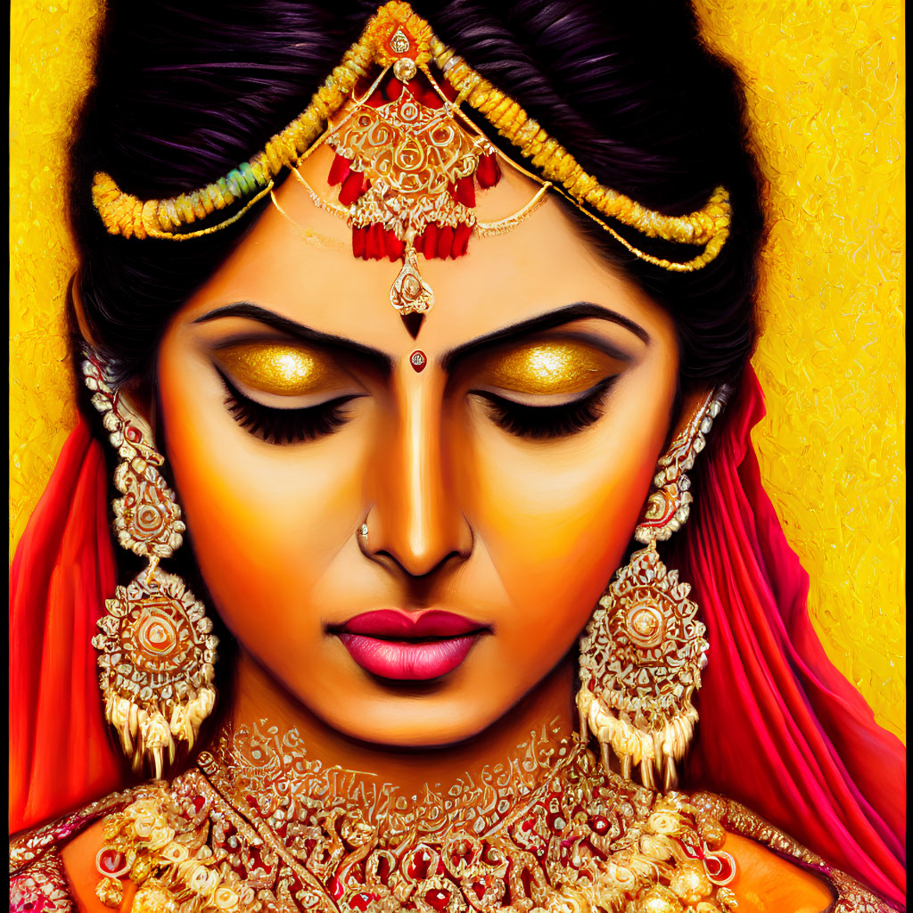 Colorful portrait of woman in traditional Indian bridal attire on yellow background