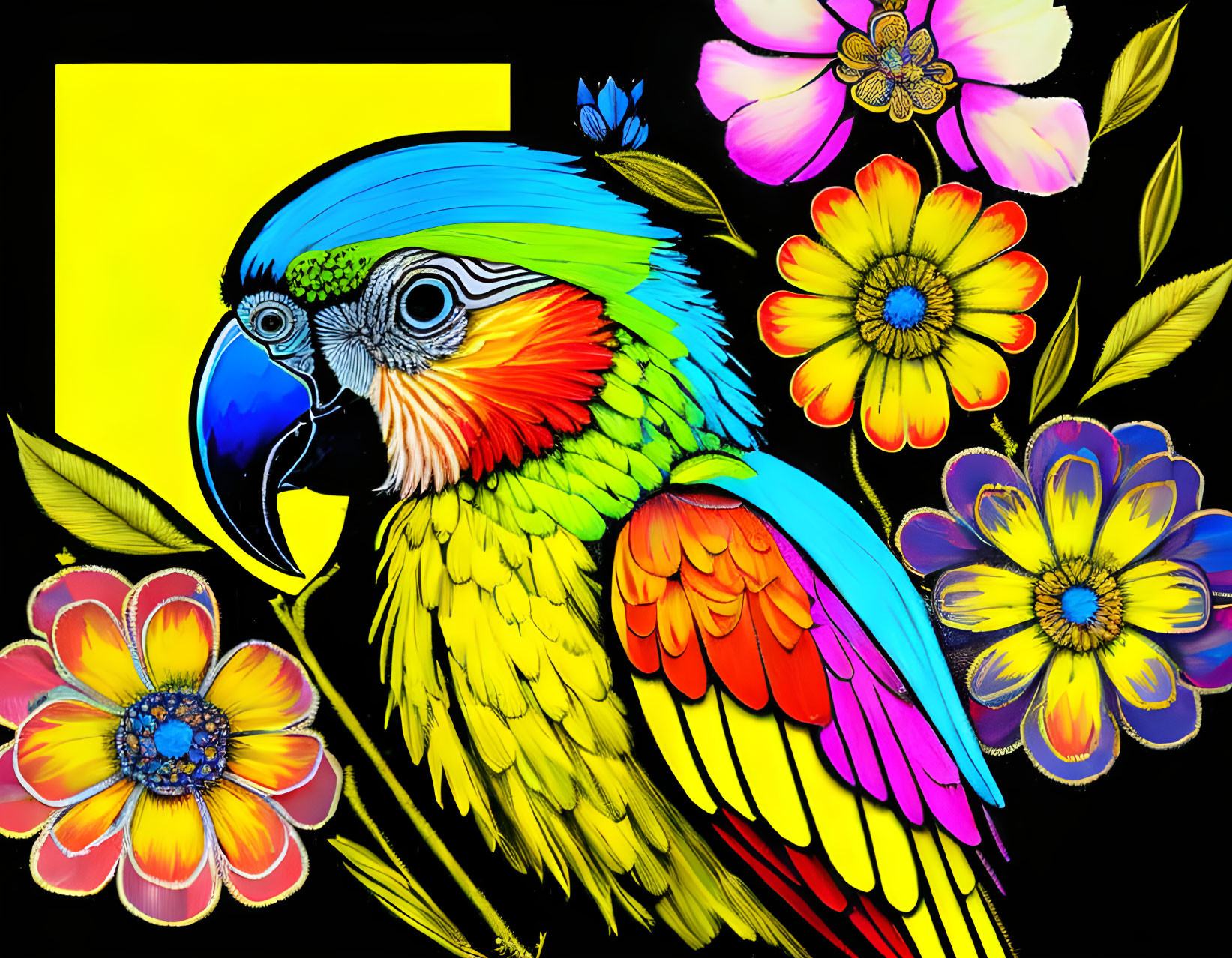 Colorful Parrot Artwork Among Bright Flowers on Black Background