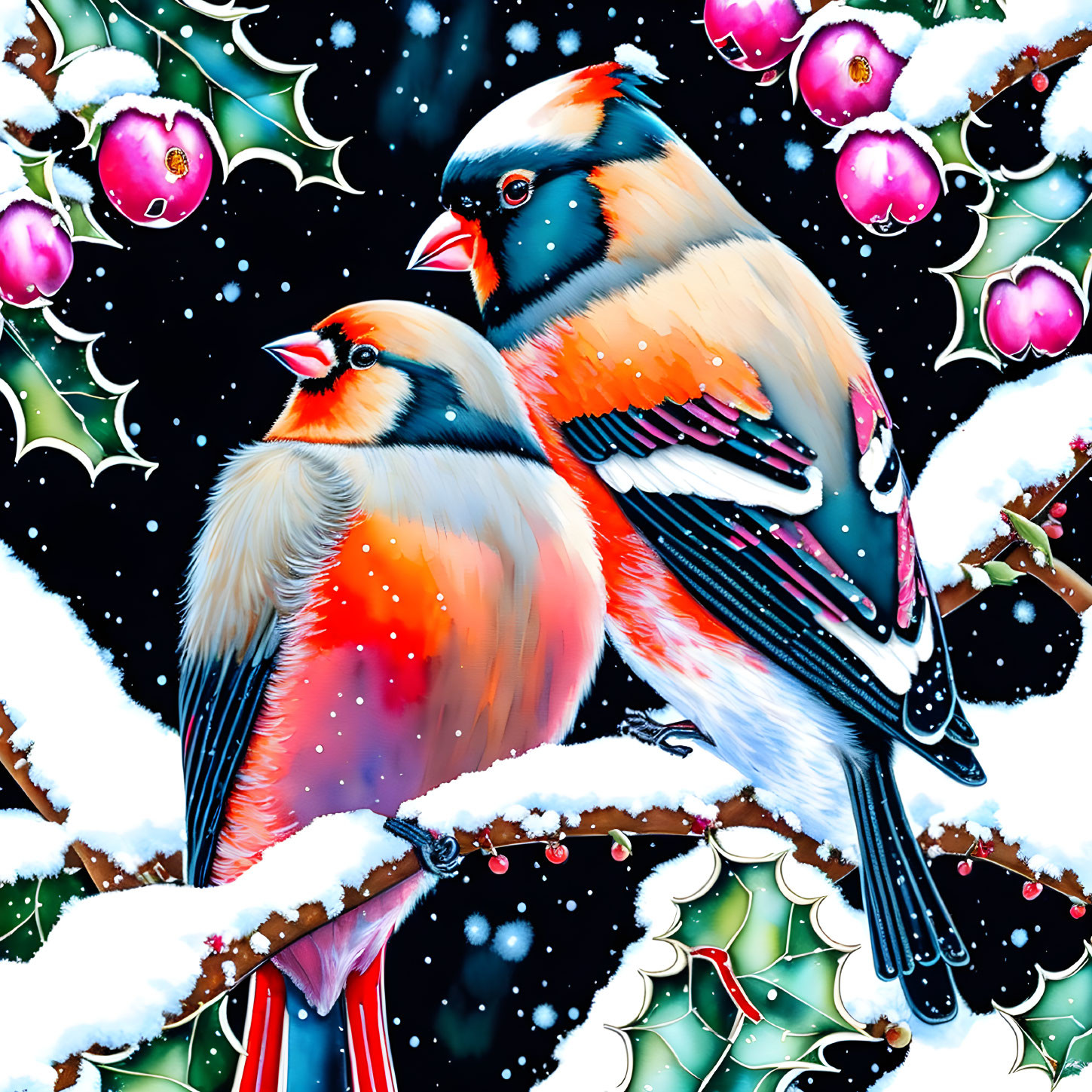 Colorful birds on snowy branches with red berries and holly leaves under starry night sky.