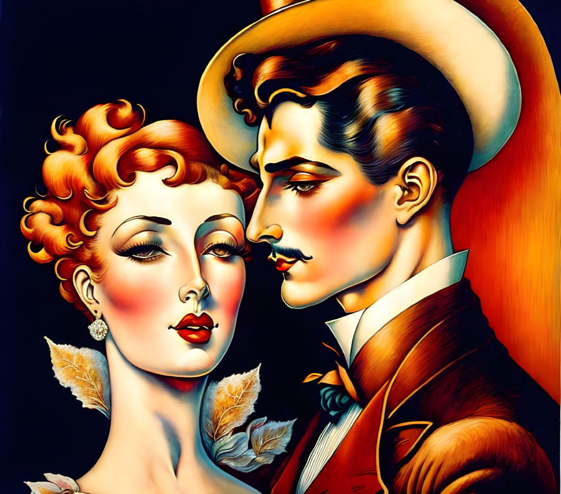 Vintage-style artistic illustration of a couple in white and brown attire with exaggerated facial features