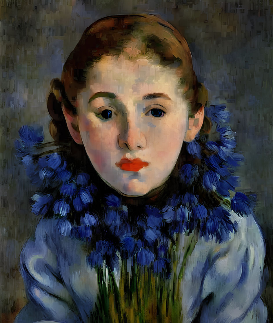 Young girl with red hair in blue top with blue flowers on grey background