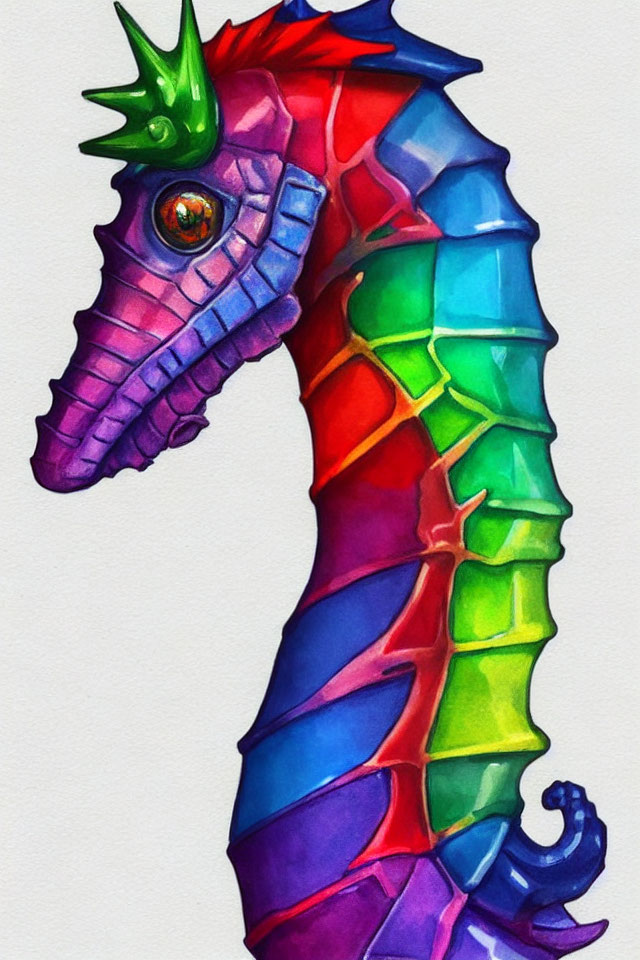 Vibrant seahorse illustration with geometric patterns and rainbow palette