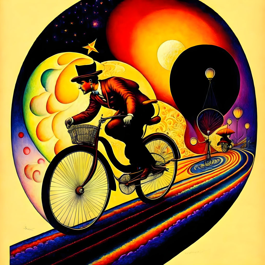 Colorful surreal painting: gentleman on vintage bicycle in cosmic landscape