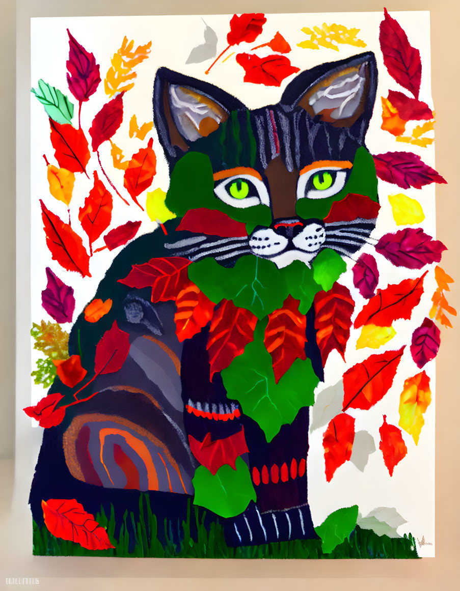 Colorful Stylized Cat Painting with Green Eyes Among Autumn Leaves