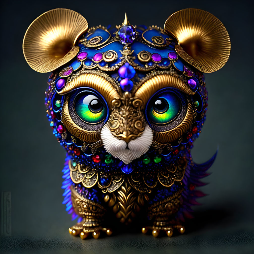 Ornate owl figurine with gold patterns and jewels on dark background