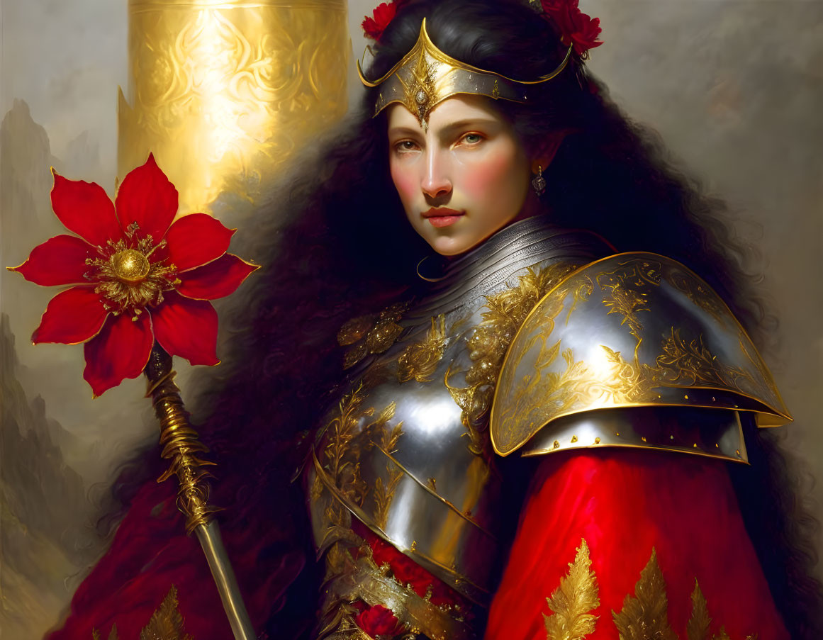 Regal woman in golden armor with red flower motifs and scepter.