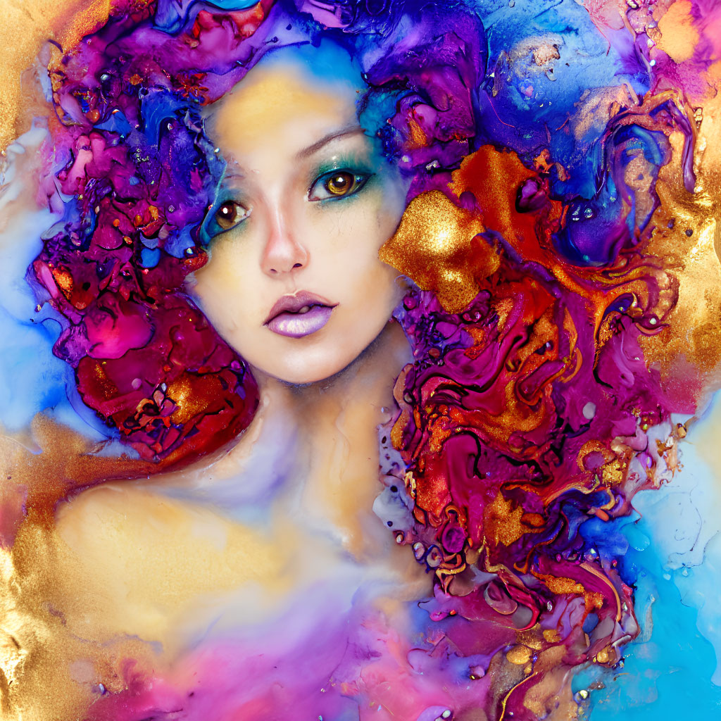 Colorful portrait of woman with flowing, golden textures