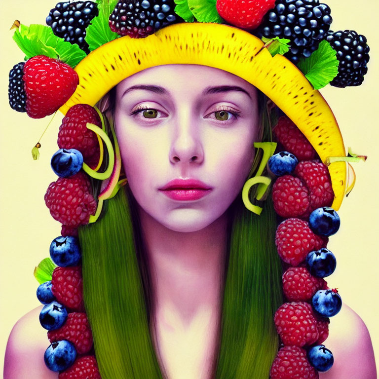 Woman with Fresh Fruit Headdress: Bananas, Berries, Green Stems