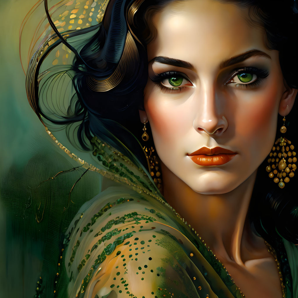 Digital portrait of woman with green eyes, gold lipstick, and elaborate golden earrings in flowing green garment with