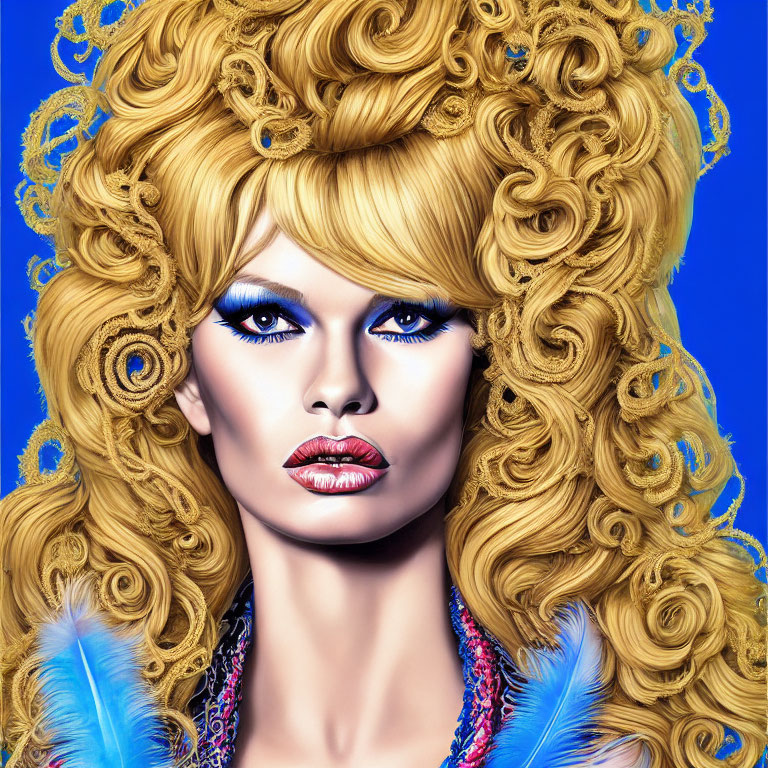 Digital portrait of individual with golden curly hair and blue eyes.