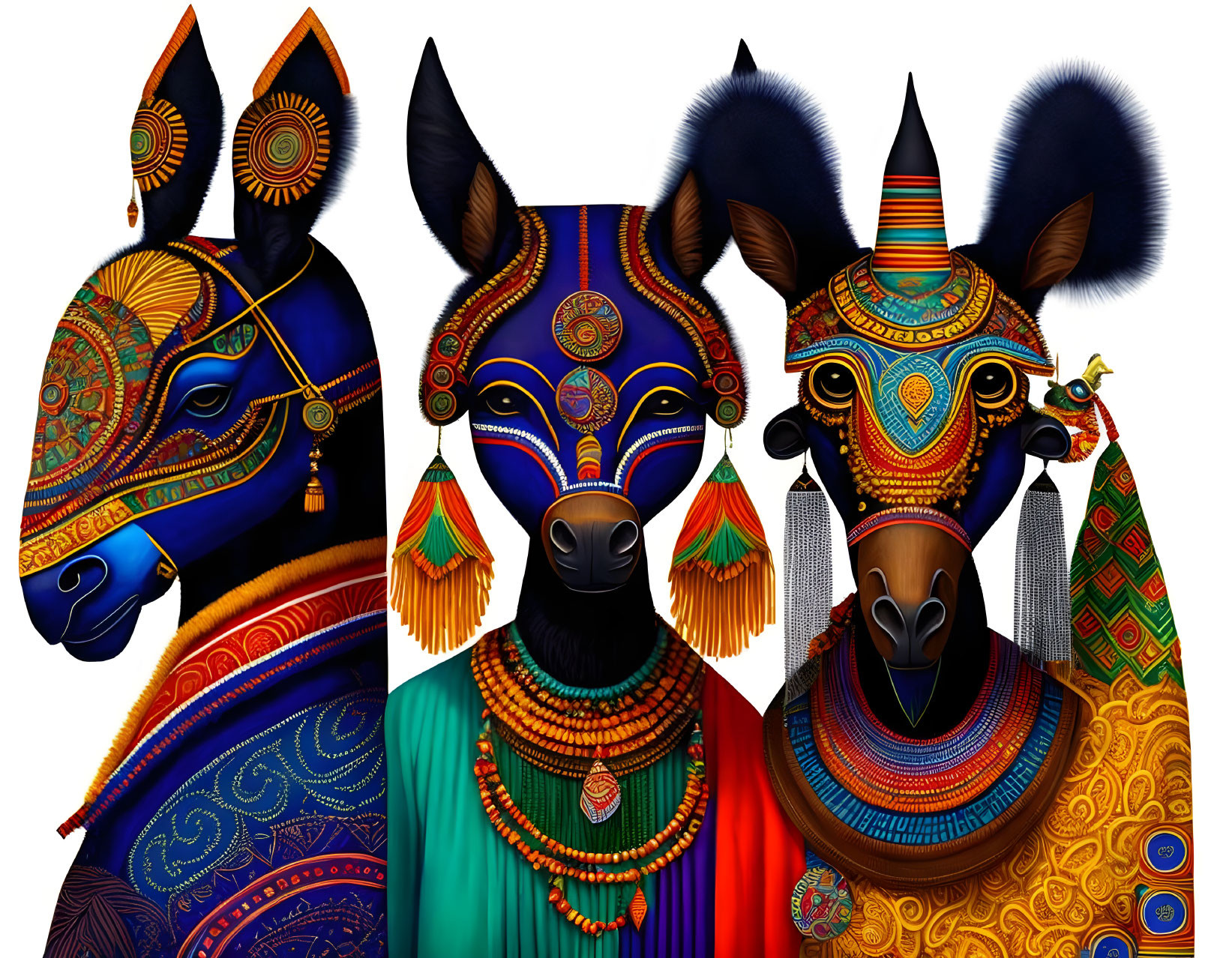 Vibrant anthropomorphic animal illustrations with tribal patterns on black background