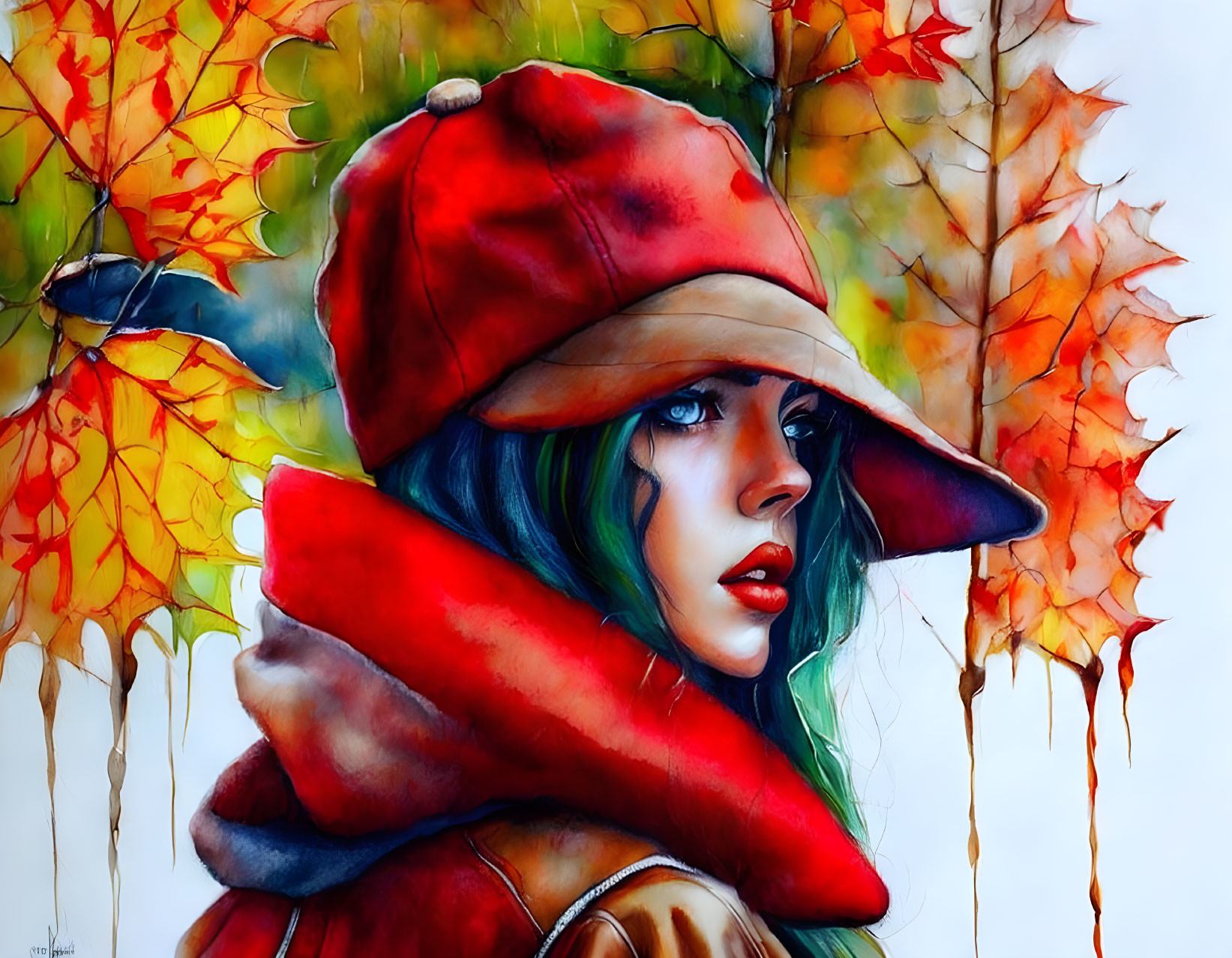 Colorful autumn woman illustration with leaves in background