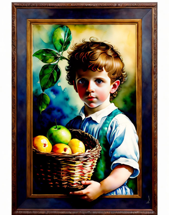 Colorful painting of child with fruit basket in a frame