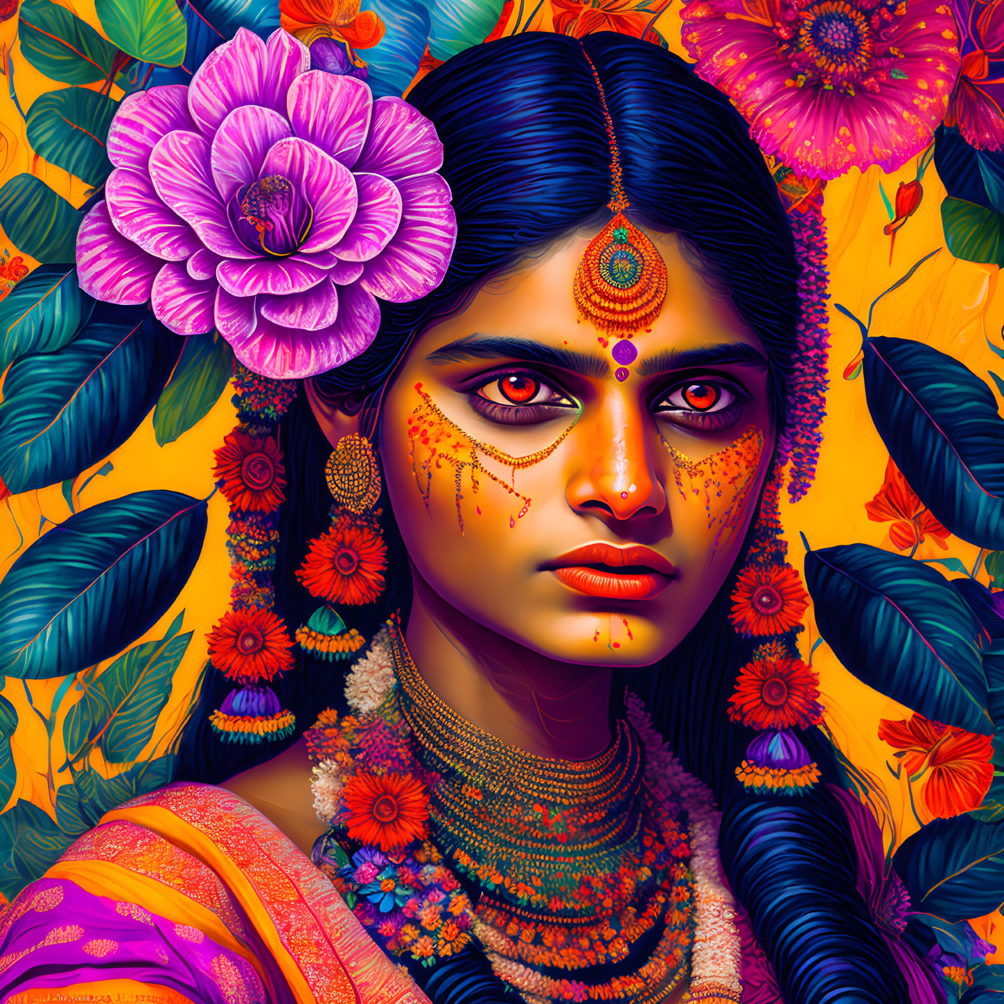 Colorful Digital Art: Woman in Indian Adornments with Floral Pattern