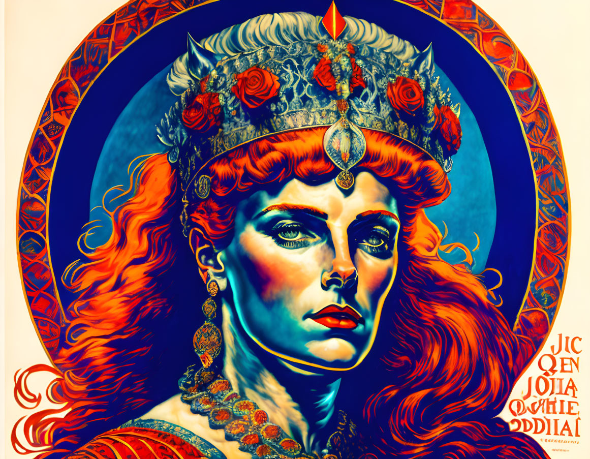 Regal woman with red hair and golden crown in vibrant illustration